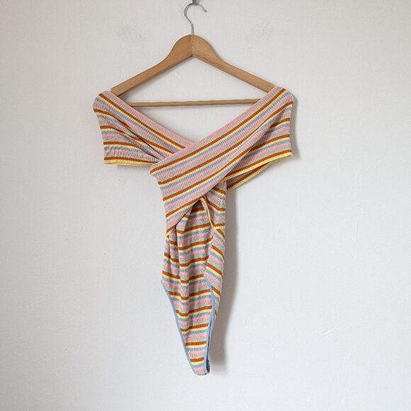 Lovers + Friends pink yellow red retro stripe crossover wrap rib Gina bodysuit - Picture 6 of 7